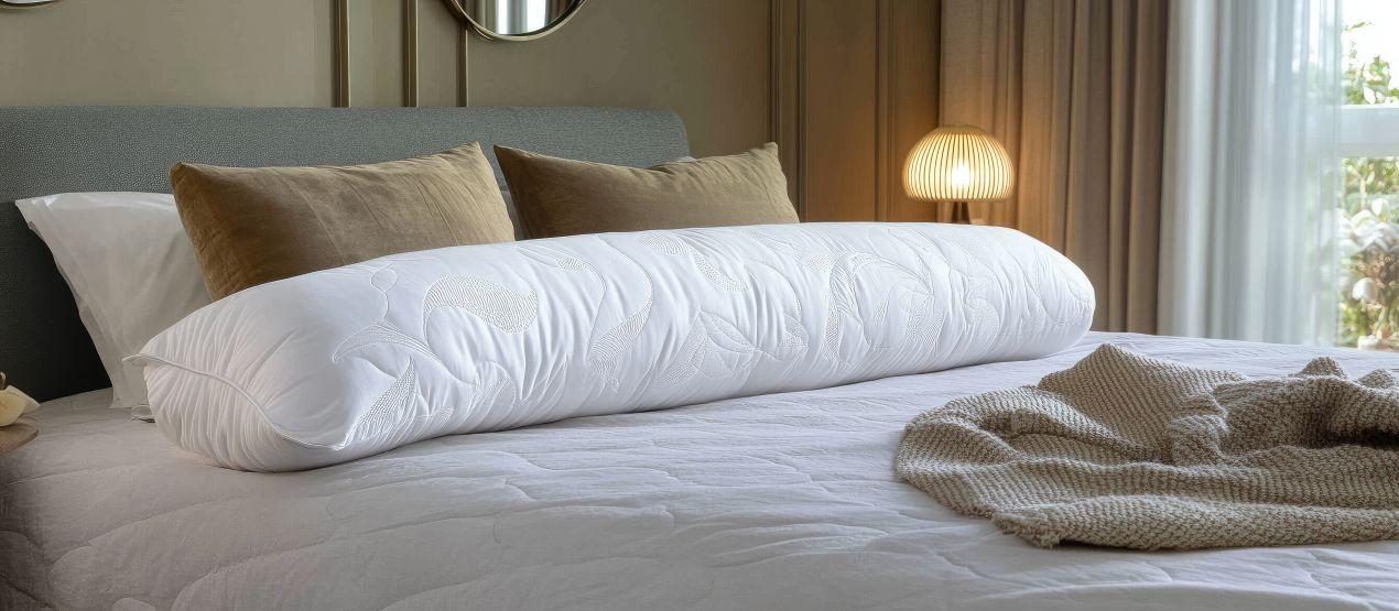 Stilvolles Schlafzimmer mit grosszuegigem Polsterbett, Dekokissen und strukturierter Tagesdecke vor lichtdurchflutetem Fenster